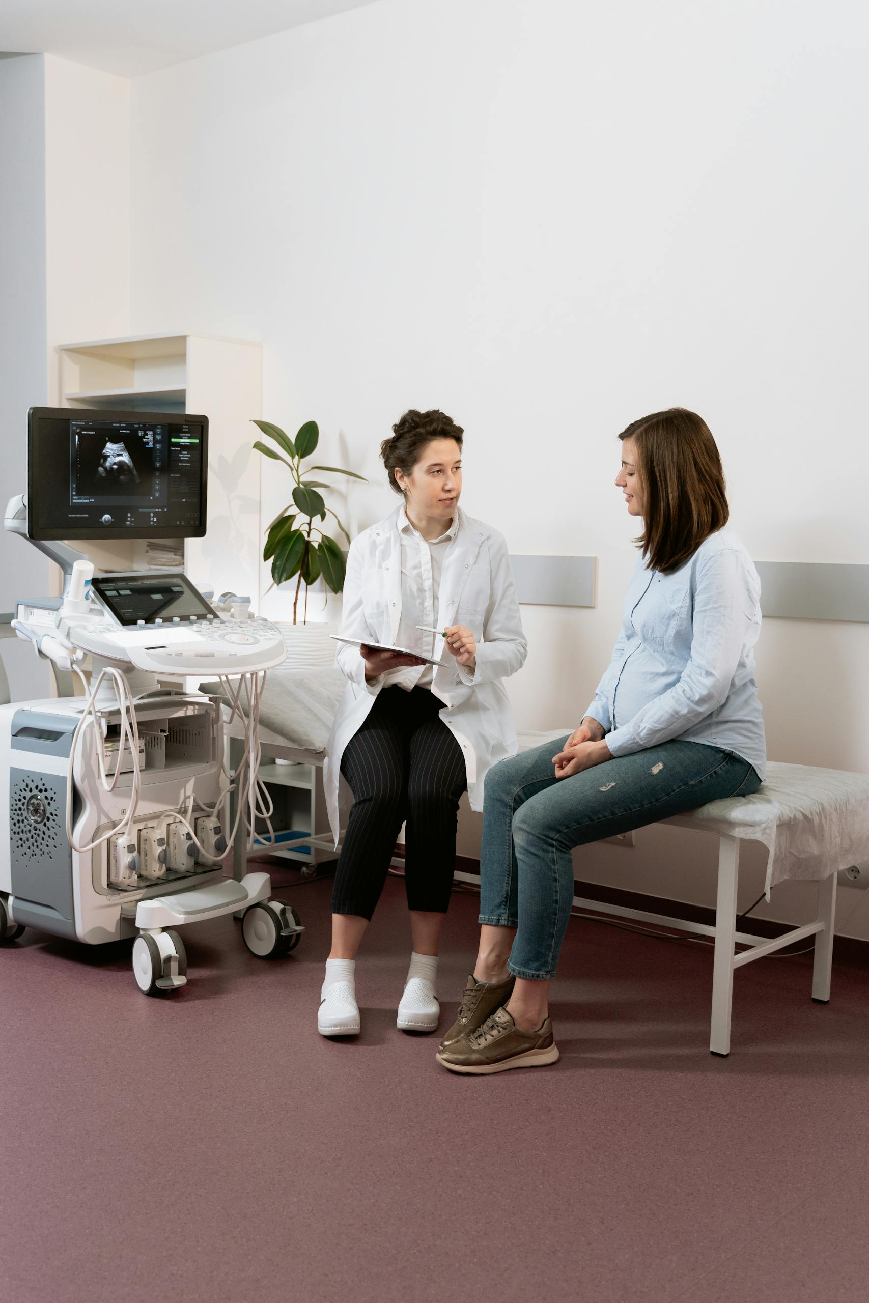 Ginekologia 1 Healthcare professional consulting with a pregnant patient in a medical clinic using ultrasound equipment.